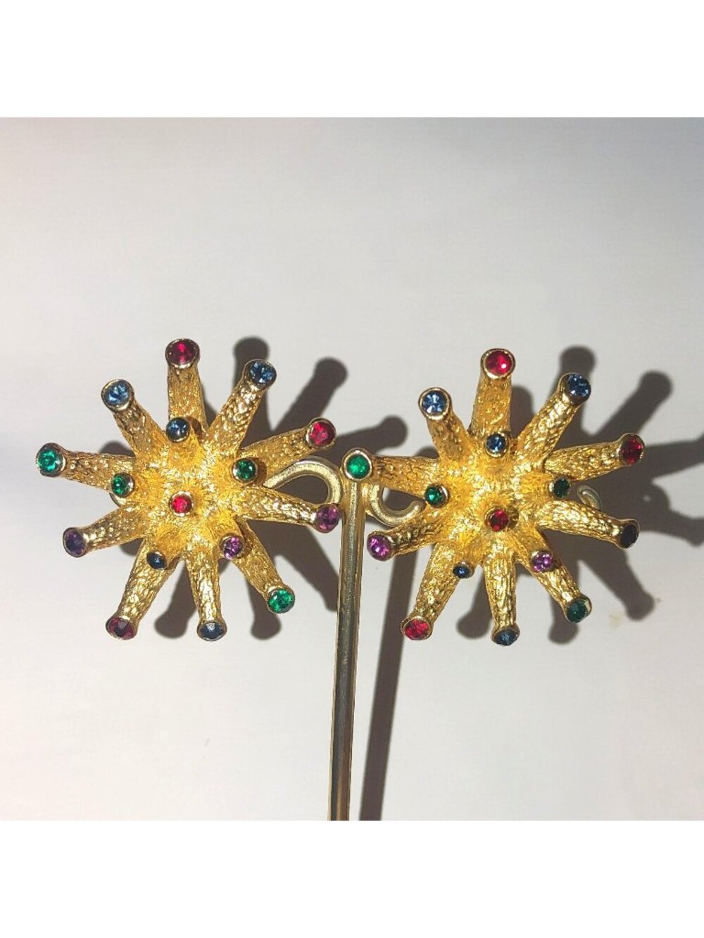 Large Bold  Multicolor Rhinestones Earrings Gold Tone Starburst Clip On Vintage